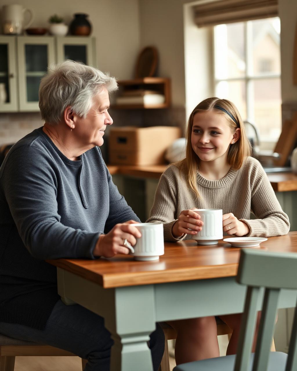 A mentor and a young person sharing a calm conversation over tea at a kitchen table