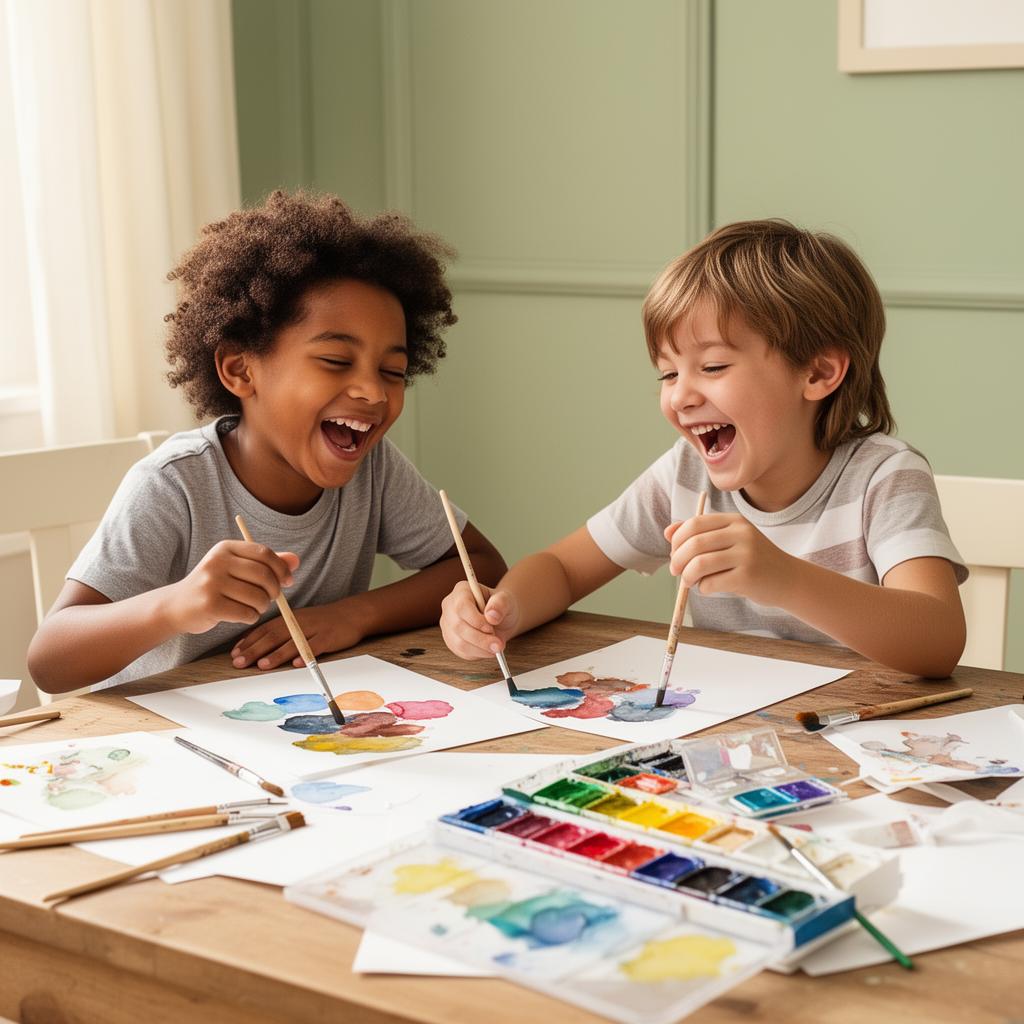 Two children laughing while painting with watercolours together at a wooden table