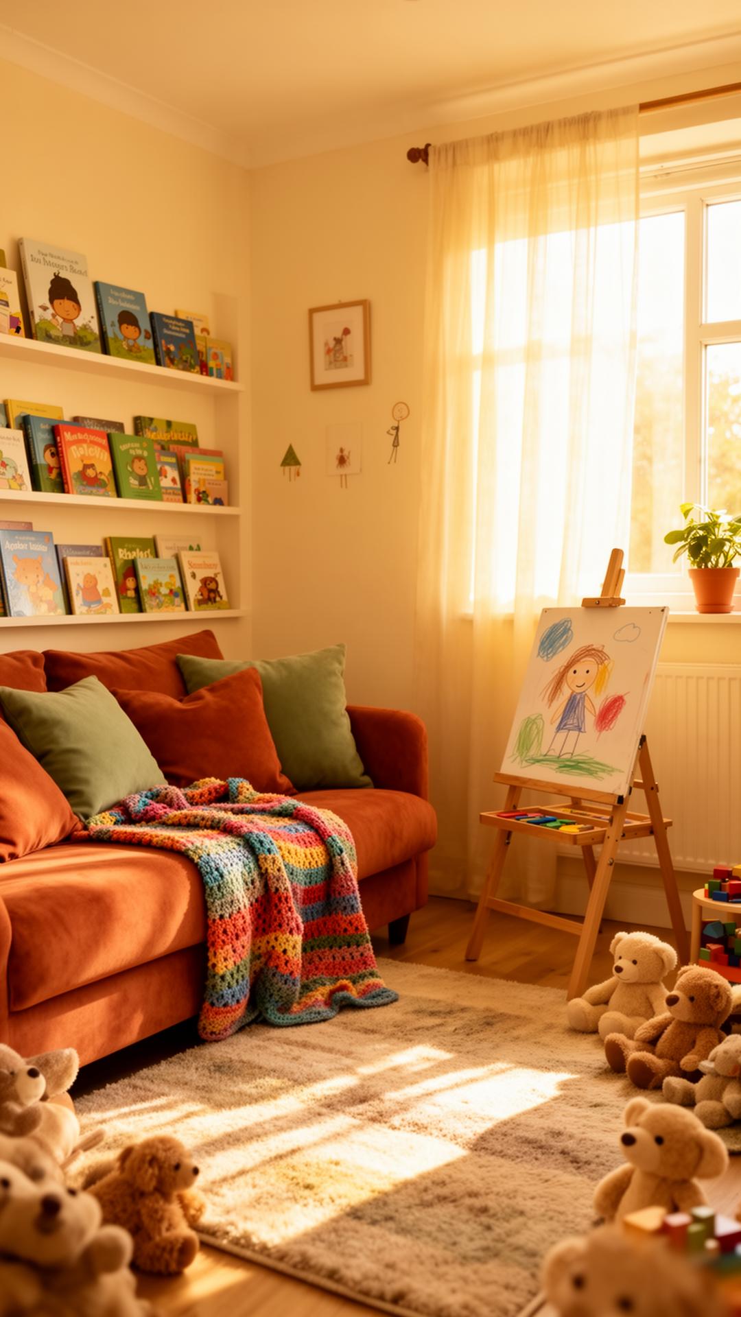 A bright, sunlit children's residential home living room with a cosy sofa, picture books and a child's painting on an easel